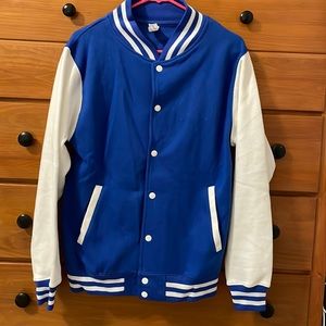 Blue and white varsity style jacket